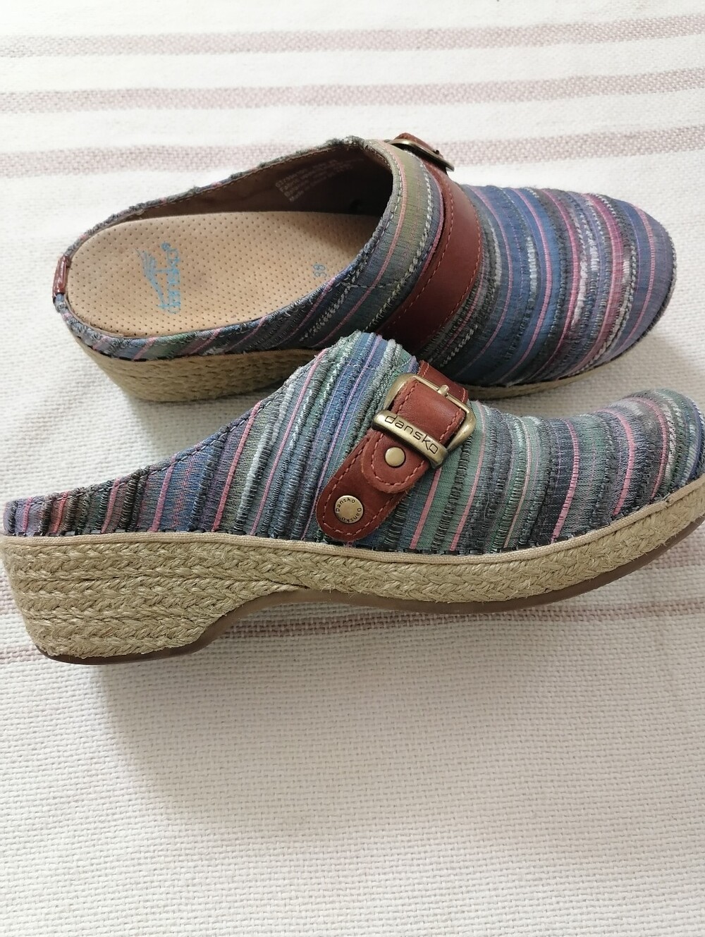 Dansko jute slip on Clogs stripes and buckle